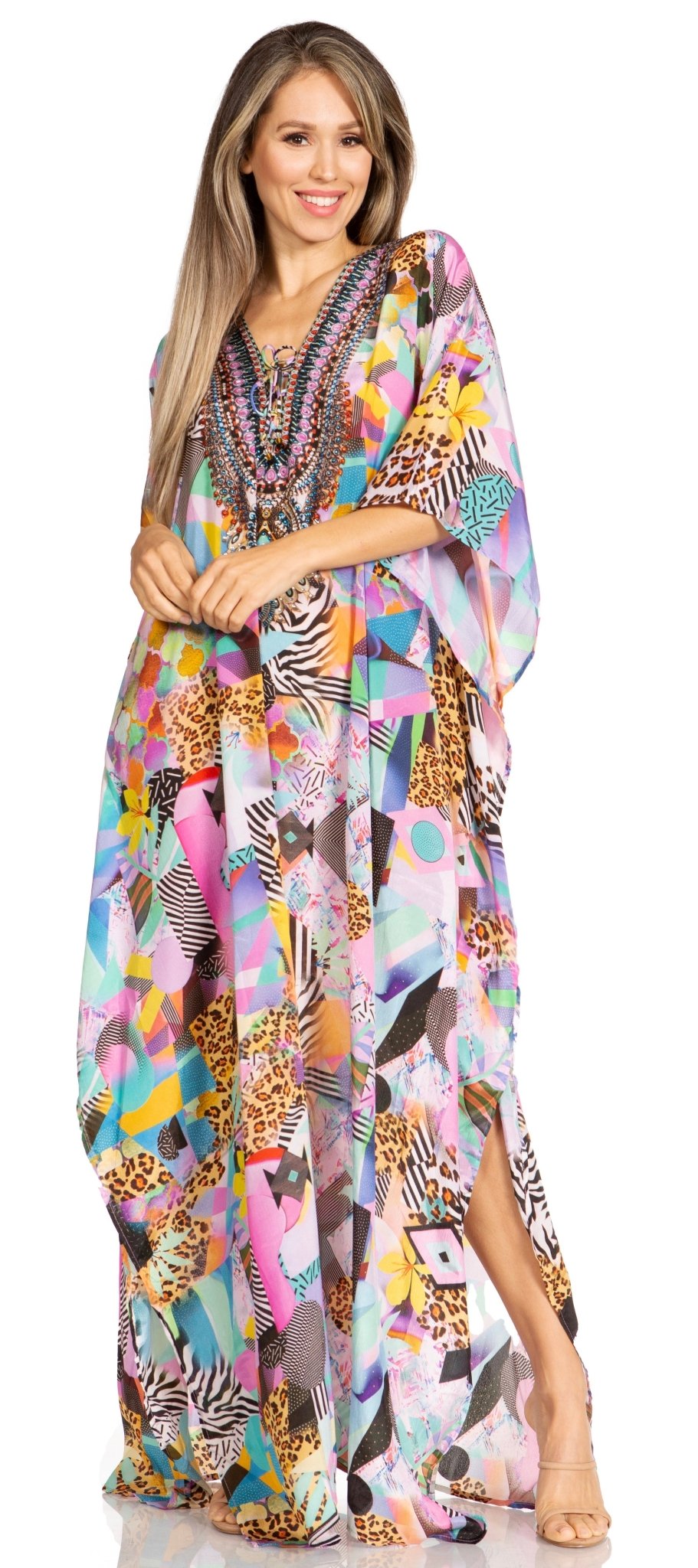 Sakkas Yeni Women's Short Sleeve V-neck Summer Floral Long Caftan Dress Cover-up dresses La Vie Bien Sakkas Yeni Women's Short Sleeve V-neck Summer Floral Long Caftan Dress Cover-up