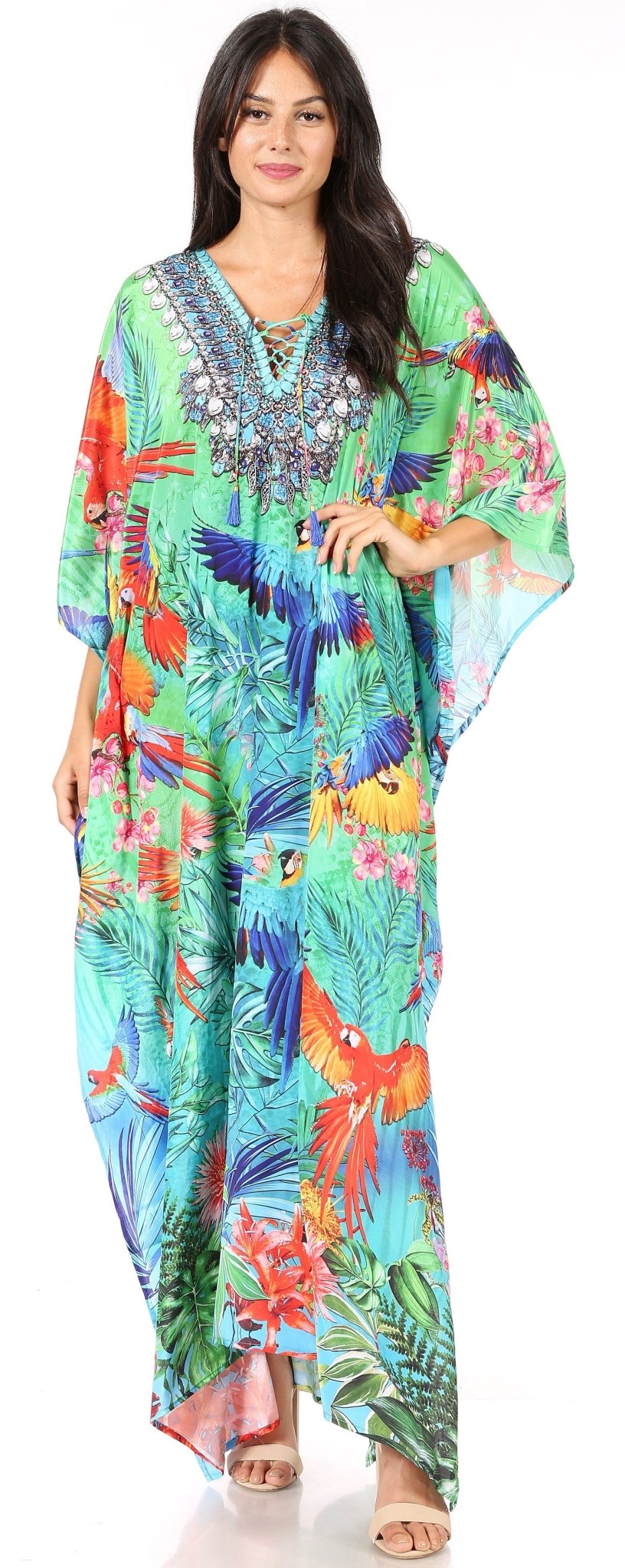 Sakkas Yeni Women's Short Sleeve V-neck Summer Floral Long Caftan Dress Cover-up dresses La Vie Bien Sakkas Yeni Women's Short Sleeve V-neck Summer Floral Long Caftan Dress Cover-up