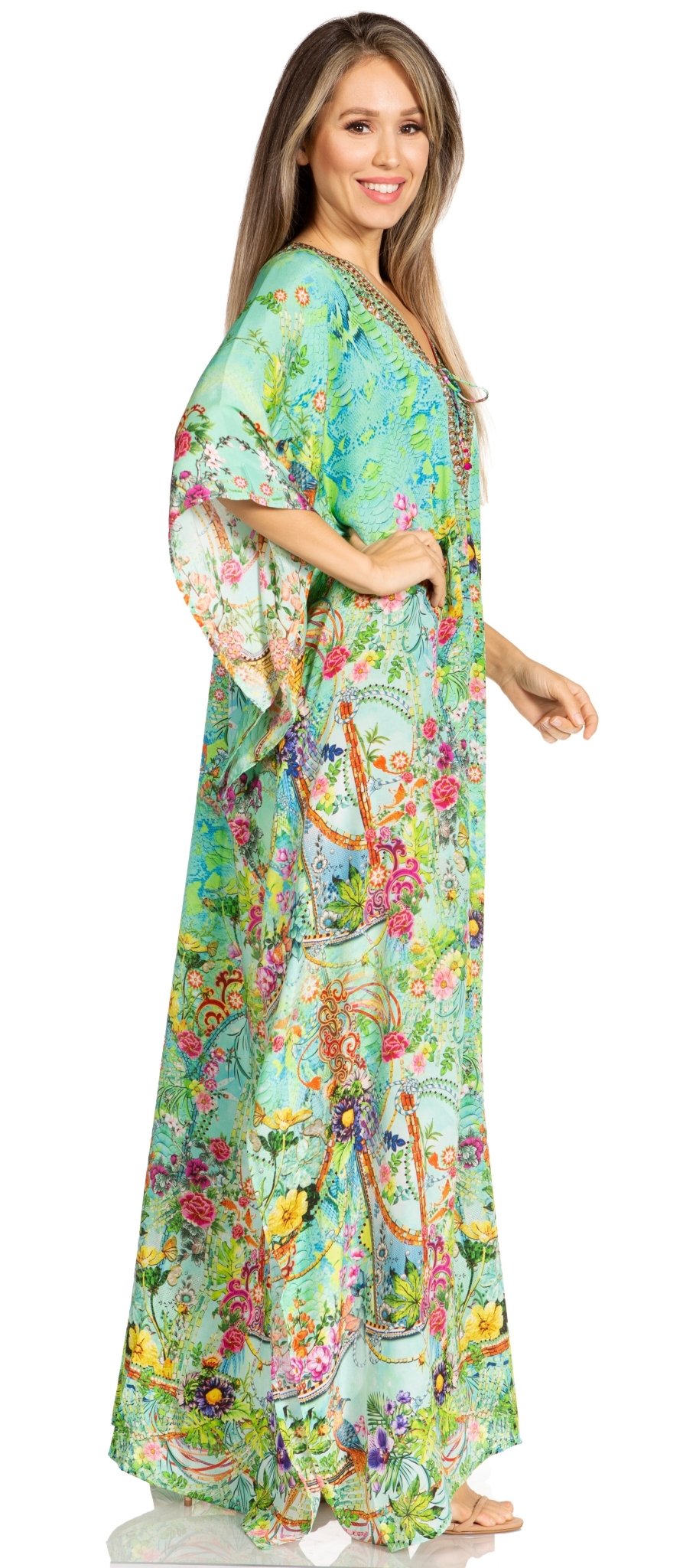 Sakkas Yeni Women's Short Sleeve V-neck Summer Floral Long Caftan Dress Cover-up dresses La Vie Bien Sakkas Yeni Women's Short Sleeve V-neck Summer Floral Long Caftan Dress Cover-up