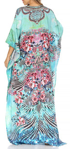 Sakkas Yeni Women's Short Sleeve V-neck Summer Floral Long Caftan Dress Cover-up dresses La Vie Bien Sakkas Yeni Women's Short Sleeve V-neck Summer Floral Long Caftan Dress Cover-up