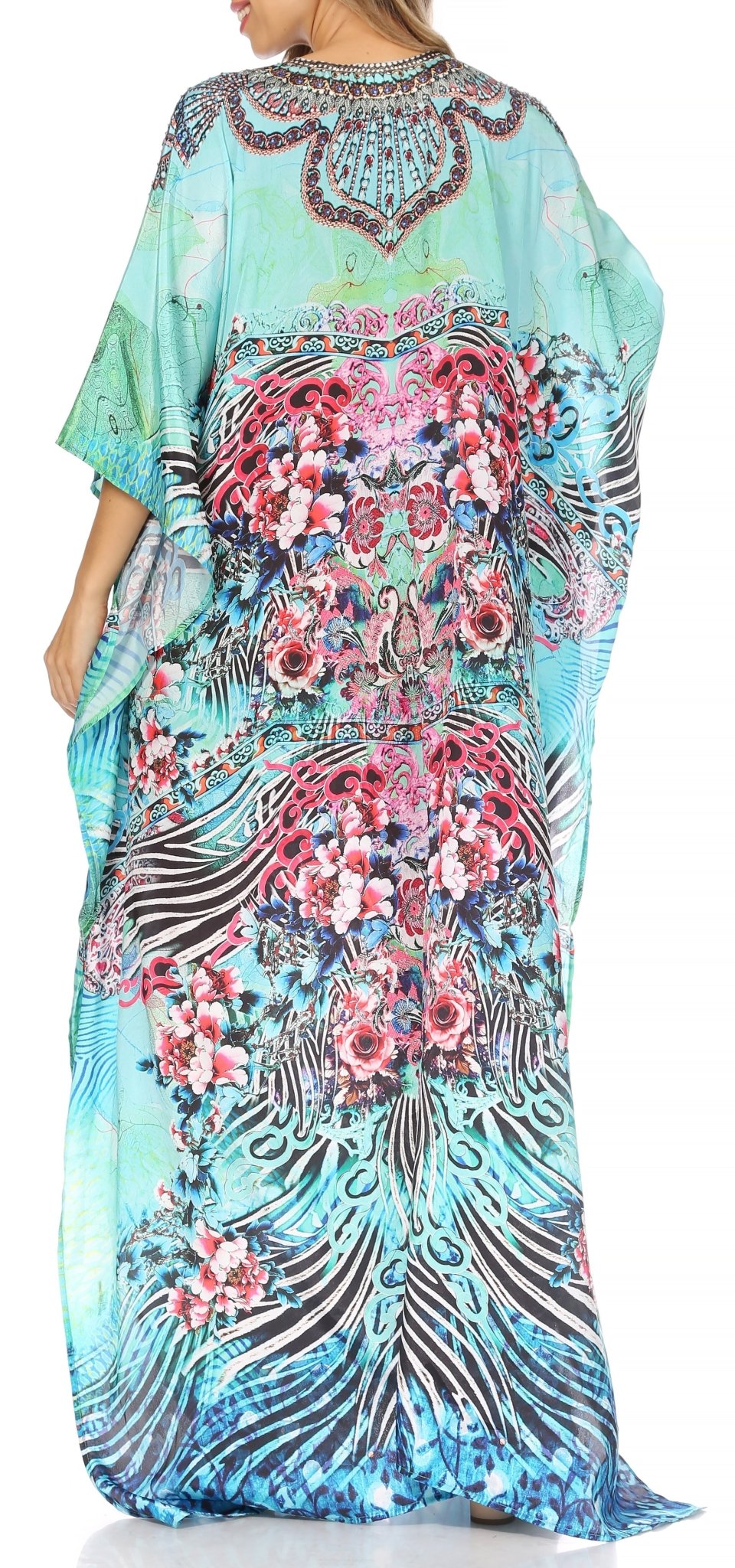 Sakkas Yeni Women's Short Sleeve V-neck Summer Floral Long Caftan Dress Cover-up dresses La Vie Bien Sakkas Yeni Women's Short Sleeve V-neck Summer Floral Long Caftan Dress Cover-up