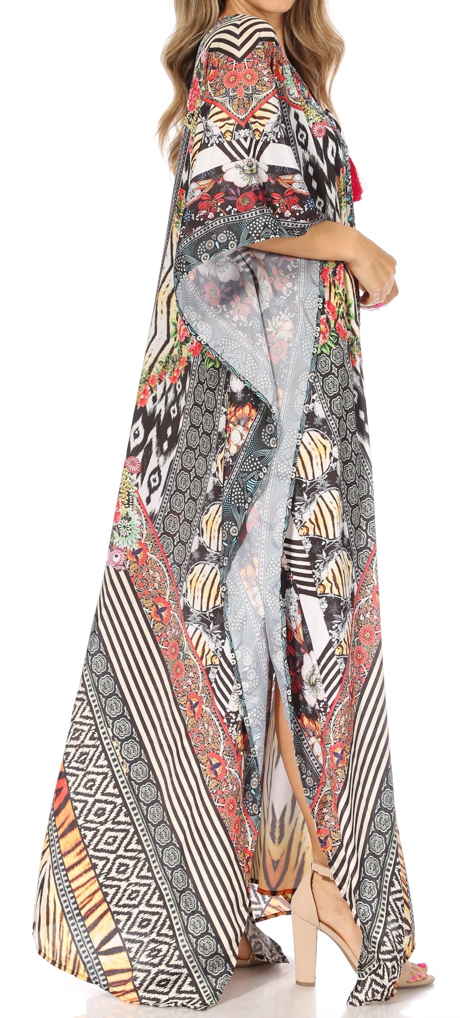 Sakkas Yeni Women's Short Sleeve V-neck Summer Floral Long Caftan Dress Cover-up dresses La Vie Bien Sakkas Yeni Women's Short Sleeve V-neck Summer Floral Long Caftan Dress Cover-up