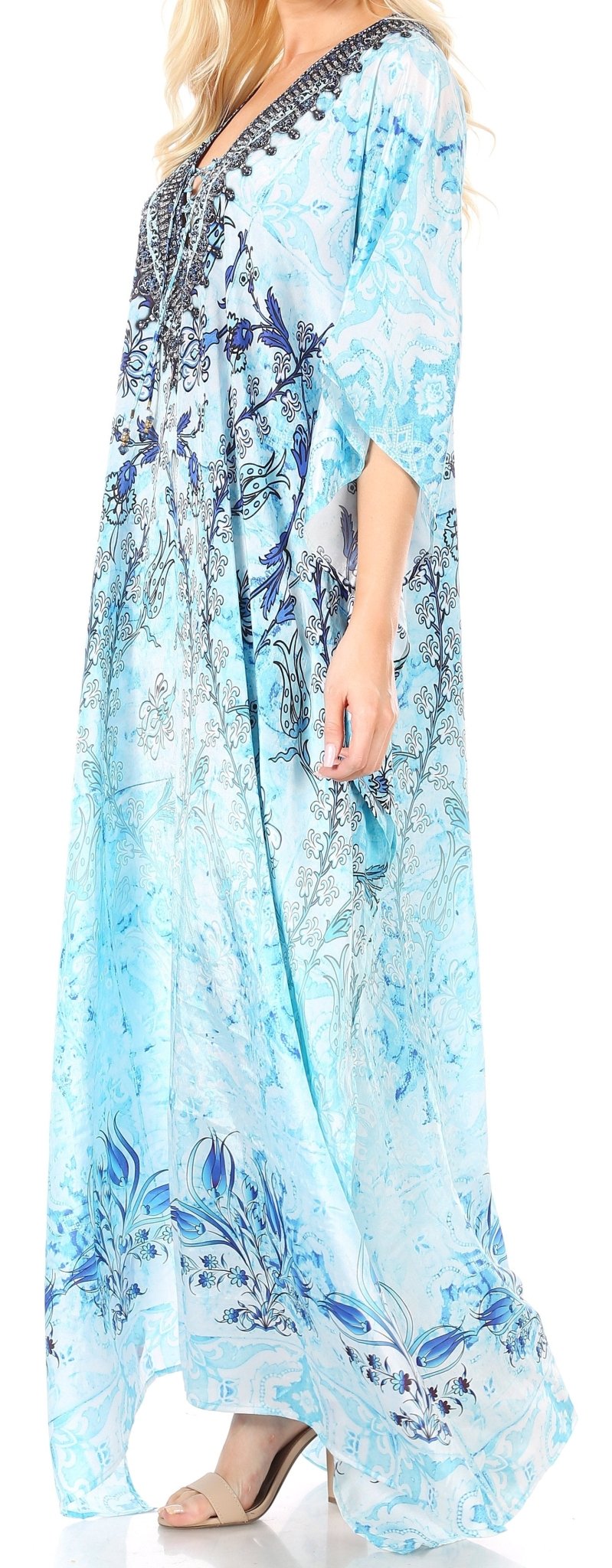 Sakkas Yeni Women's Short Sleeve V-neck Summer Floral Long Caftan Dress Cover-up dresses La Vie Bien Sakkas Yeni Women's Short Sleeve V-neck Summer Floral Long Caftan Dress Cover-up