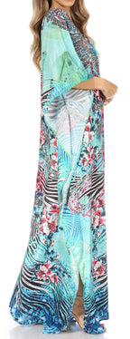 Sakkas Yeni Women's Short Sleeve V-neck Summer Floral Long Caftan Dress Cover-up dresses La Vie Bien Sakkas Yeni Women's Short Sleeve V-neck Summer Floral Long Caftan Dress Cover-up