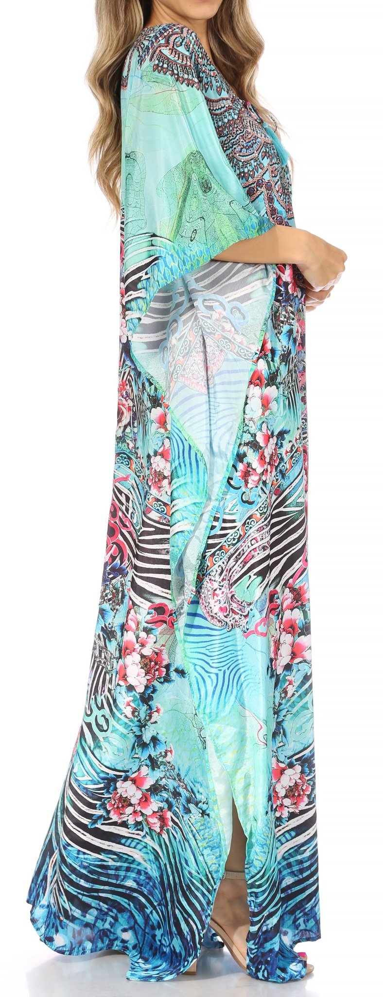 Sakkas Yeni Women's Short Sleeve V-neck Summer Floral Long Caftan Dress Cover-up dresses La Vie Bien Sakkas Yeni Women's Short Sleeve V-neck Summer Floral Long Caftan Dress Cover-up
