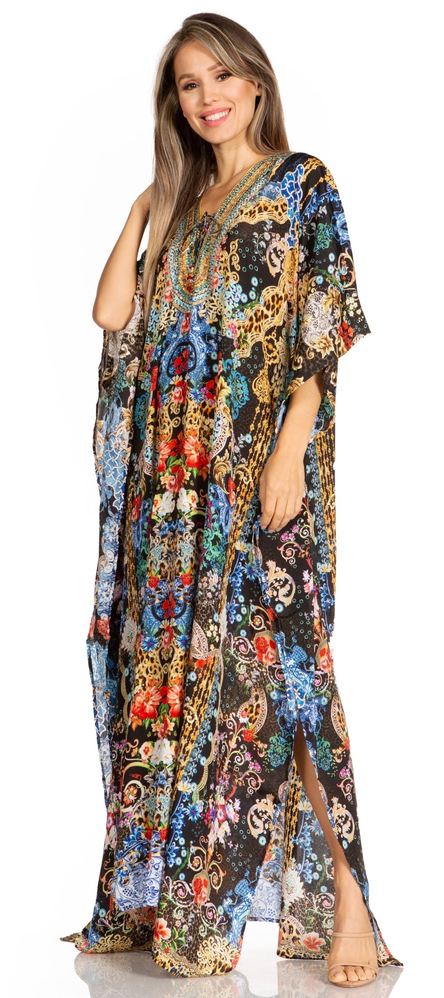 Sakkas Yeni Women's Short Sleeve V-neck Summer Floral Long Caftan Dress Cover-up dresses La Vie Bien Sakkas Yeni Women's Short Sleeve V-neck Summer Floral Long Caftan Dress Cover-up