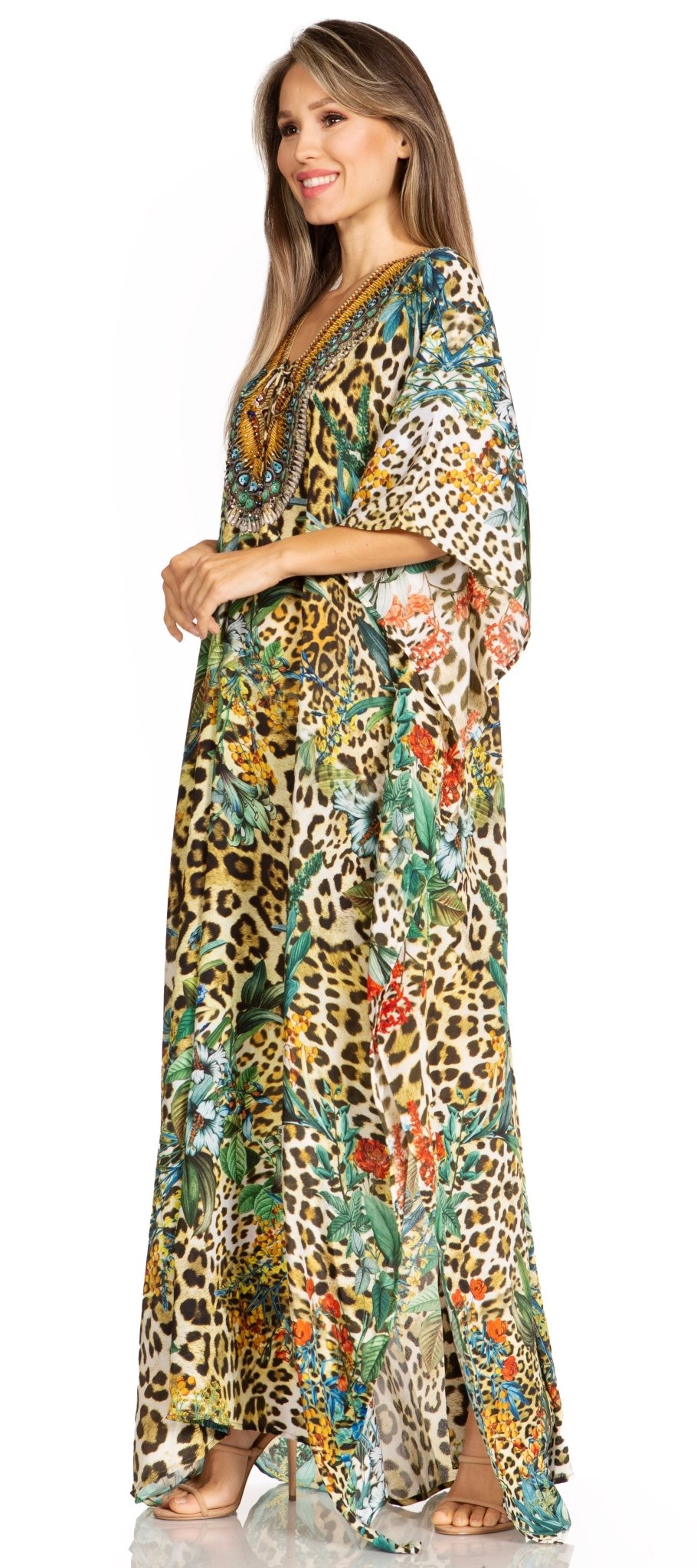 Sakkas Yeni Women's Short Sleeve V-neck Summer Floral Long Caftan Dress Cover-up dresses La Vie Bien Sakkas Yeni Women's Short Sleeve V-neck Summer Floral Long Caftan Dress Cover-up