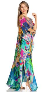 Sakkas Yeni Women's Short Sleeve V-neck Summer Floral Long Caftan Dress Cover-up dresses La Vie Bien Sakkas Yeni Women's Short Sleeve V-neck Summer Floral Long Caftan Dress Cover-up