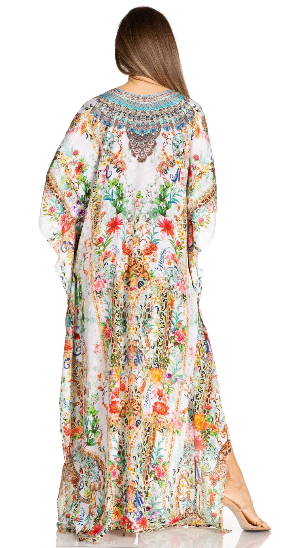 Sakkas Yeni Women's Short Sleeve V-neck Summer Floral Long Caftan Dress Cover-up dresses La Vie Bien Sakkas Yeni Women's Short Sleeve V-neck Summer Floral Long Caftan Dress Cover-up