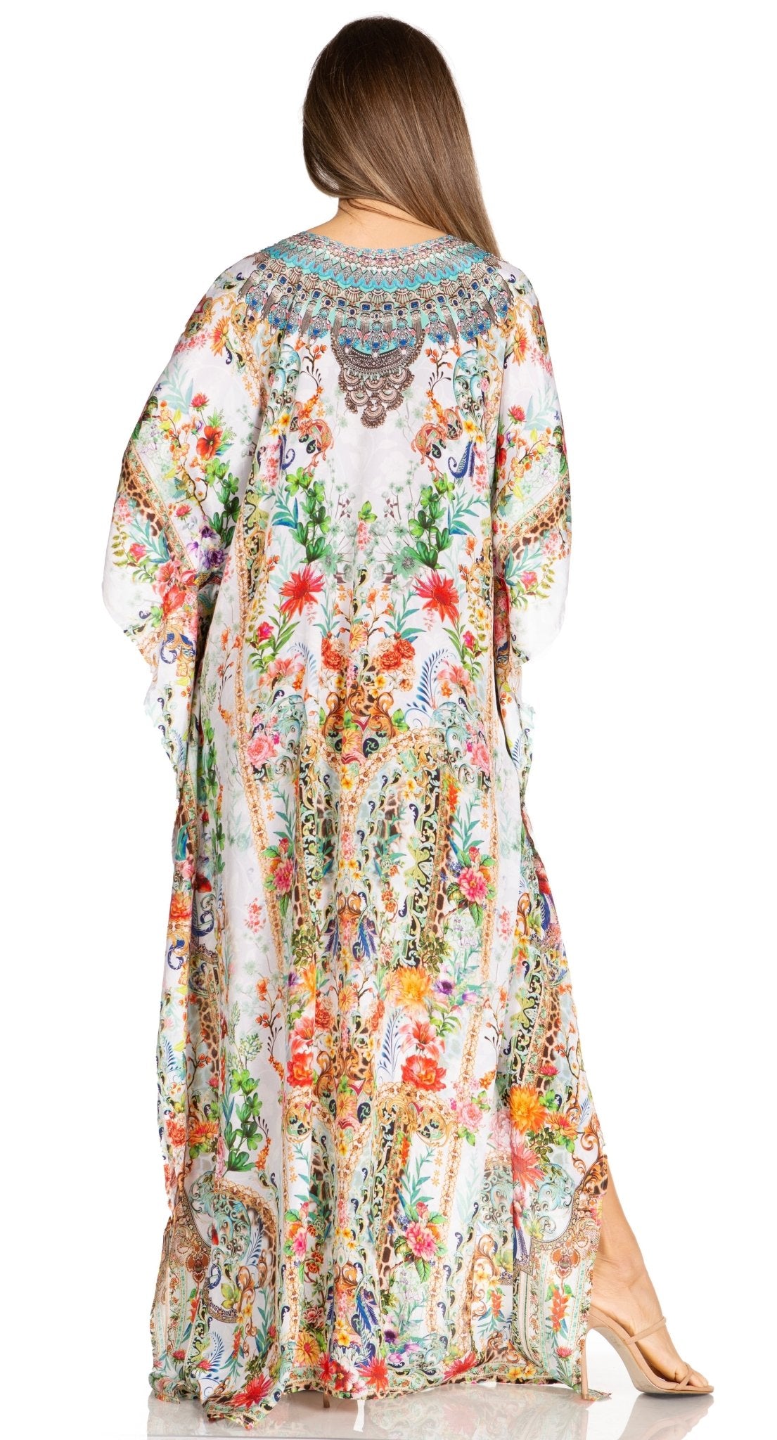 Sakkas Yeni Women's Short Sleeve V-neck Summer Floral Long Caftan Dress Cover-up dresses La Vie Bien Sakkas Yeni Women's Short Sleeve V-neck Summer Floral Long Caftan Dress Cover-up