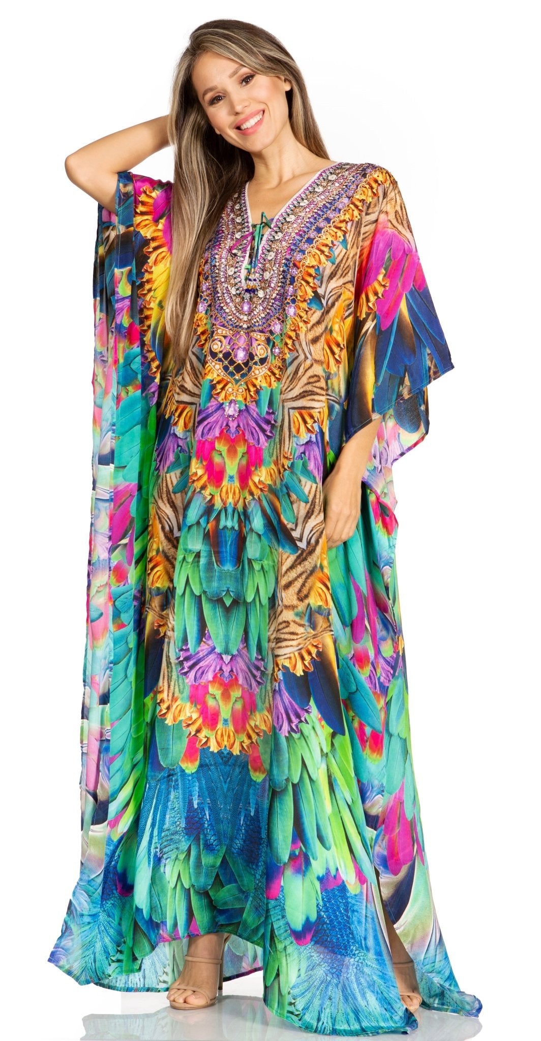Sakkas Yeni Women's Short Sleeve V-neck Summer Floral Long Caftan Dress Cover-up dresses La Vie Bien Sakkas Yeni Women's Short Sleeve V-neck Summer Floral Long Caftan Dress Cover-up
