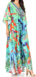 Sakkas Yeni Women's Short Sleeve V-neck Summer Floral Long Caftan Dress Cover-up dresses La Vie Bien Sakkas Yeni Women's Short Sleeve V-neck Summer Floral Long Caftan Dress Cover-up