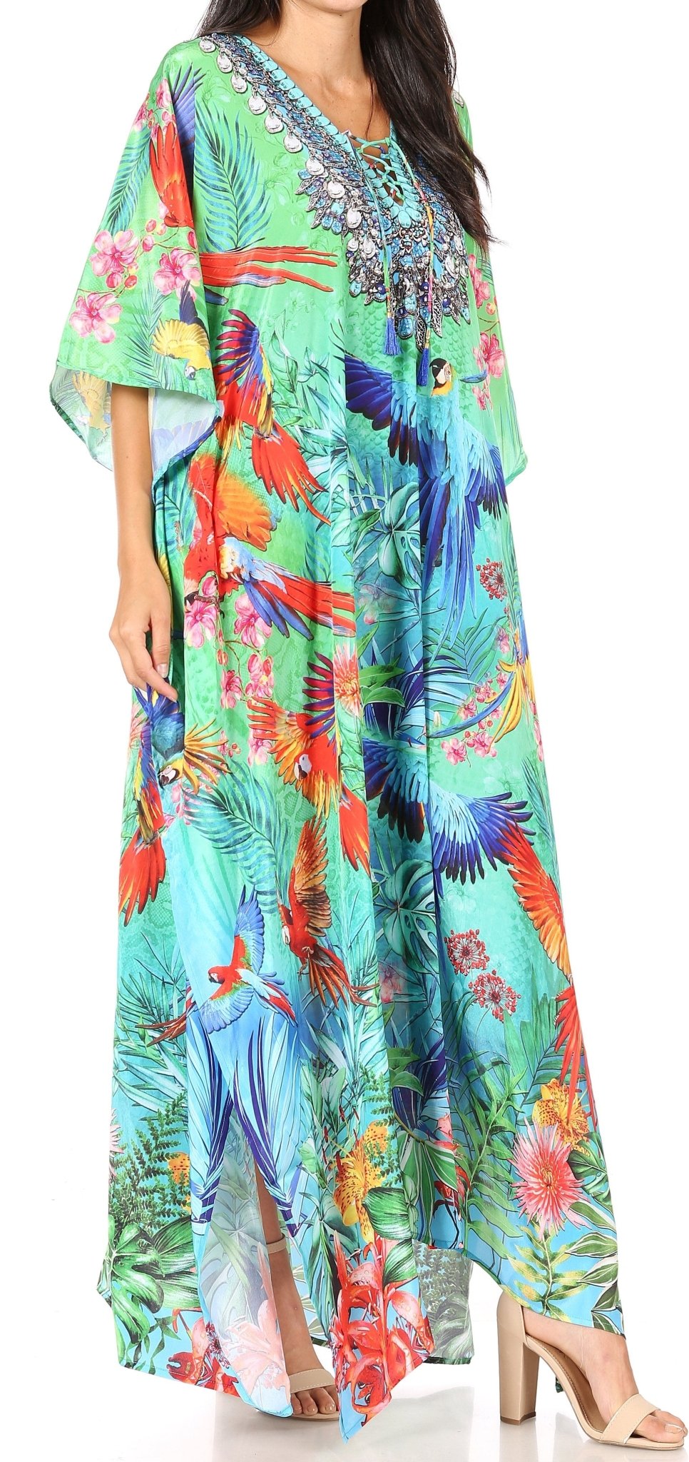 Sakkas Yeni Women's Short Sleeve V-neck Summer Floral Long Caftan Dress Cover-up dresses La Vie Bien Sakkas Yeni Women's Short Sleeve V-neck Summer Floral Long Caftan Dress Cover-up