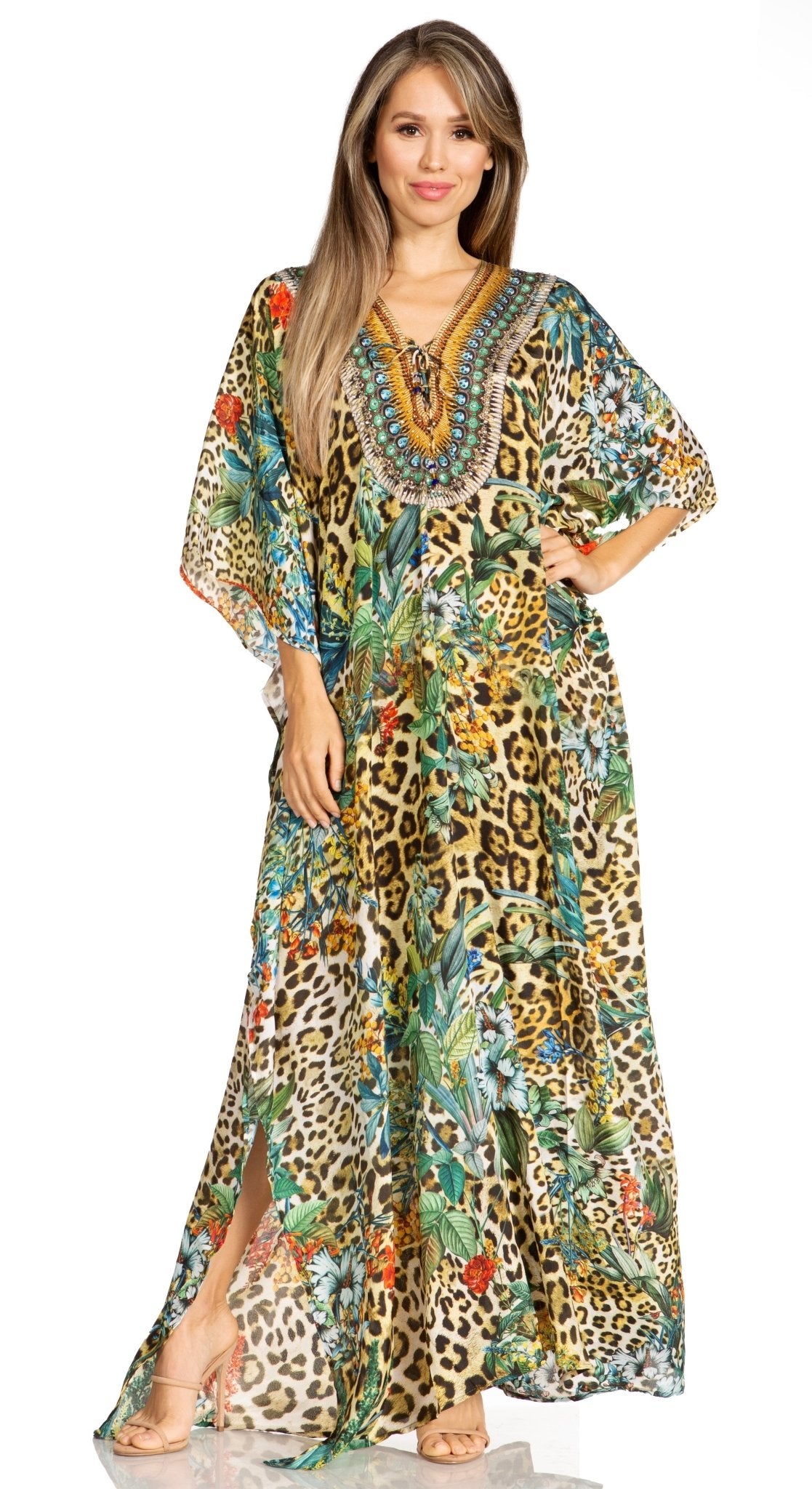 Sakkas Yeni Women's Short Sleeve V-neck Summer Floral Long Caftan Dress Cover-up dresses La Vie Bien Sakkas Yeni Women's Short Sleeve V-neck Summer Floral Long Caftan Dress Cover-up