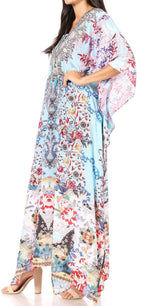 Sakkas Yeni Women's Short Sleeve V-neck Summer Floral Long Caftan Dress Cover-up dresses La Vie Bien Sakkas Yeni Women's Short Sleeve V-neck Summer Floral Long Caftan Dress Cover-up