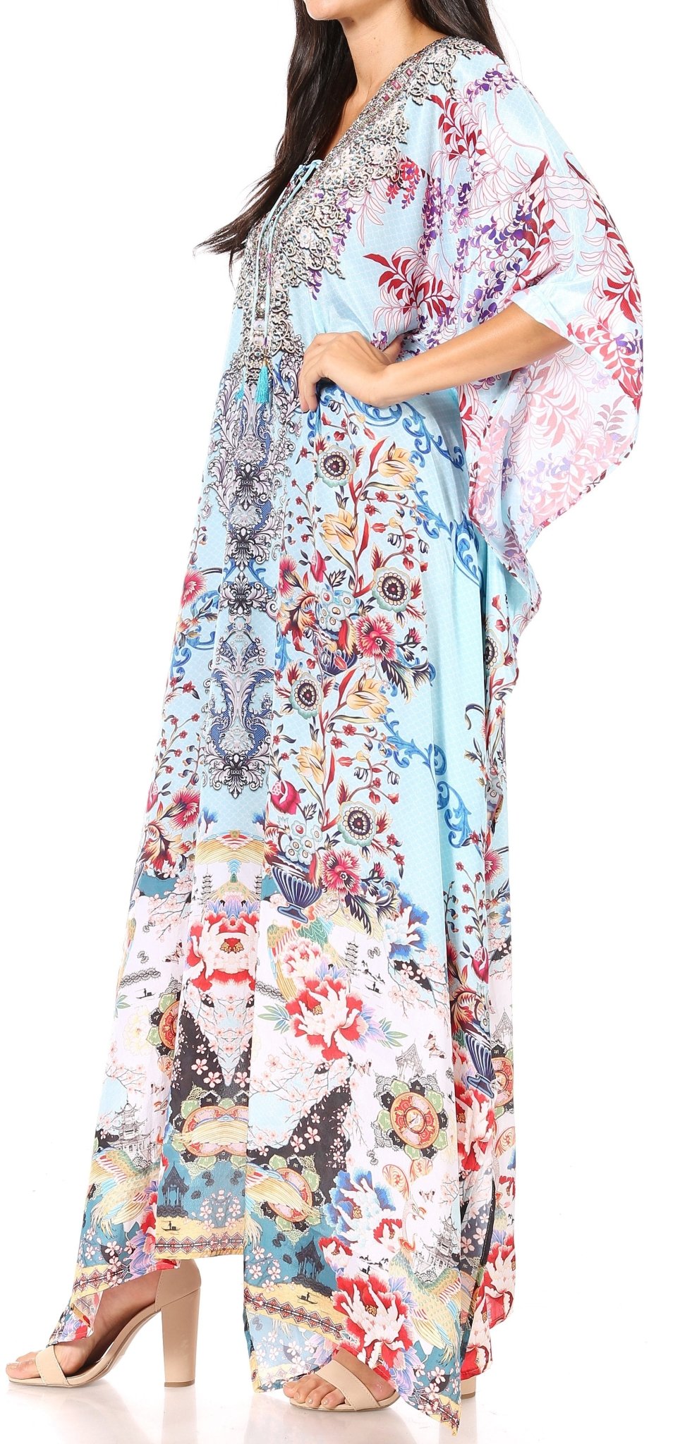 Sakkas Yeni Women's Short Sleeve V-neck Summer Floral Long Caftan Dress Cover-up dresses La Vie Bien Sakkas Yeni Women's Short Sleeve V-neck Summer Floral Long Caftan Dress Cover-up