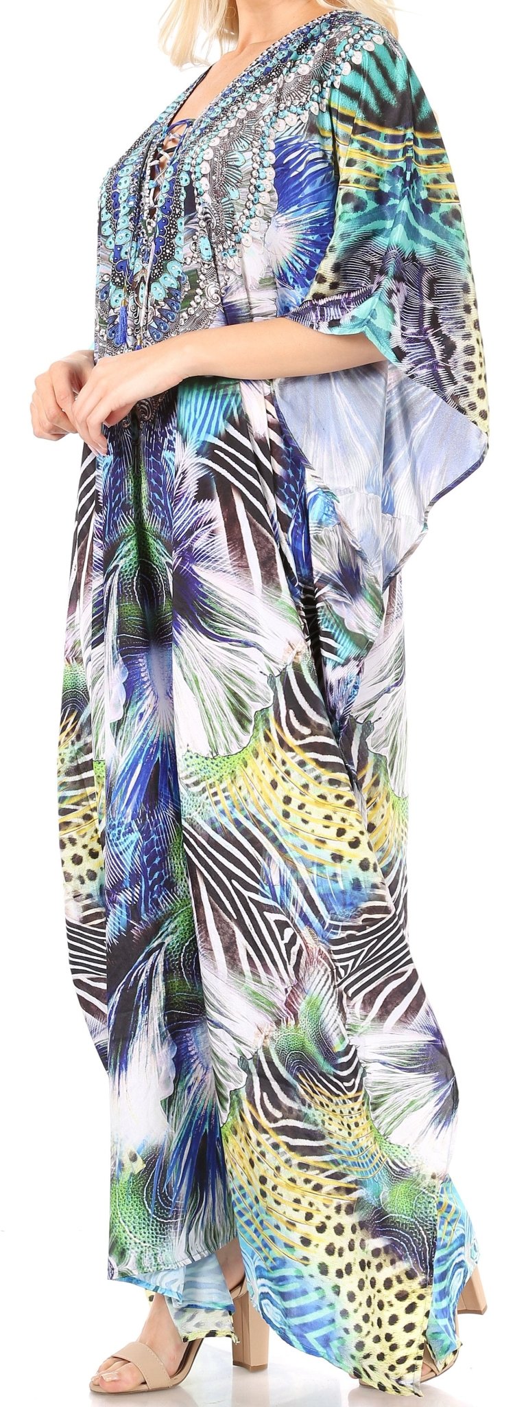 Sakkas Yeni Women's Short Sleeve V-neck Summer Floral Long Caftan Dress Cover-up dresses La Vie Bien Sakkas Yeni Women's Short Sleeve V-neck Summer Floral Long Caftan Dress Cover-up