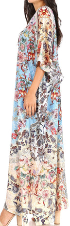 Sakkas Yeni Women's Short Sleeve V-neck Summer Floral Long Caftan Dress Cover-up dresses La Vie Bien Sakkas Yeni Women's Short Sleeve V-neck Summer Floral Long Caftan Dress Cover-up