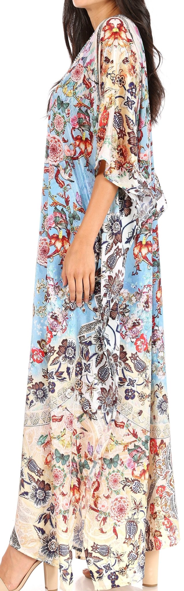 Sakkas Yeni Women's Short Sleeve V-neck Summer Floral Long Caftan Dress Cover-up dresses La Vie Bien Sakkas Yeni Women's Short Sleeve V-neck Summer Floral Long Caftan Dress Cover-up