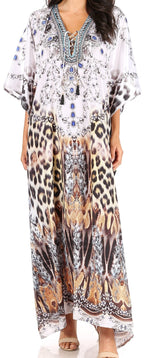 Sakkas Yeni Women's Short Sleeve V-neck Summer Floral Long Caftan Dress Cover-up dresses La Vie Bien Sakkas Yeni Women's Short Sleeve V-neck Summer Floral Long Caftan Dress Cover-up