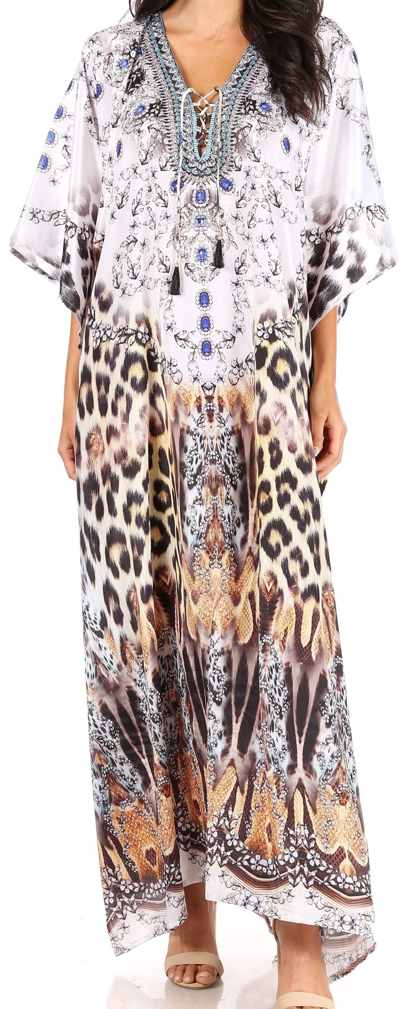 Sakkas Yeni Women's Short Sleeve V-neck Summer Floral Long Caftan Dress Cover-up dresses La Vie Bien Sakkas Yeni Women's Short Sleeve V-neck Summer Floral Long Caftan Dress Cover-up