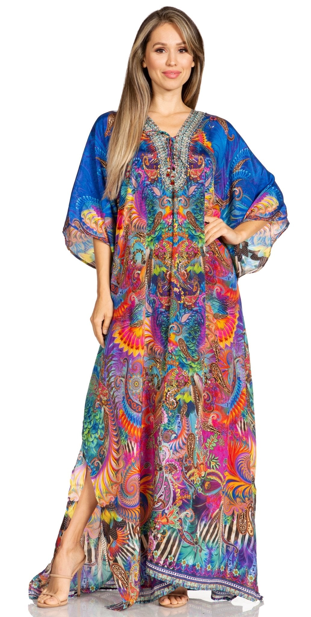 Sakkas Yeni Women's Short Sleeve V-neck Summer Floral Long Caftan Dress Cover-up dresses La Vie Bien Sakkas Yeni Women's Short Sleeve V-neck Summer Floral Long Caftan Dress Cover-up