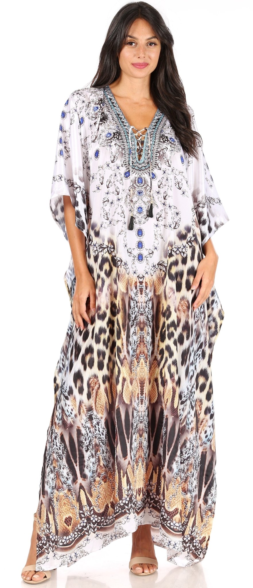 Sakkas Yeni Women's Short Sleeve V-neck Summer Floral Long Caftan Dress Cover-up dresses La Vie Bien Sakkas Yeni Women's Short Sleeve V-neck Summer Floral Long Caftan Dress Cover-up