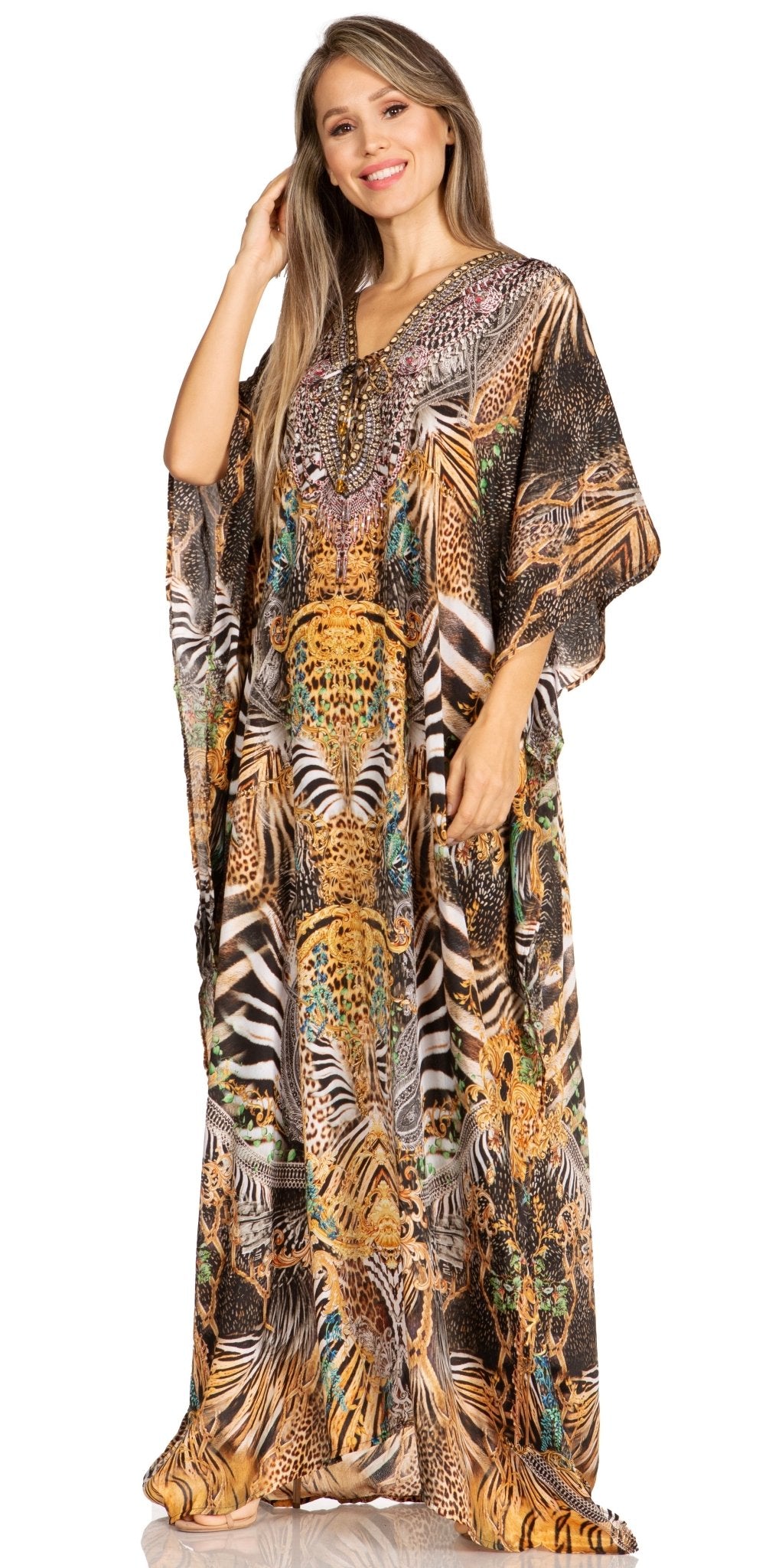 Sakkas Yeni Women's Short Sleeve V-neck Summer Floral Long Caftan Dress Cover-up dresses La Vie Bien Sakkas Yeni Women's Short Sleeve V-neck Summer Floral Long Caftan Dress Cover-up