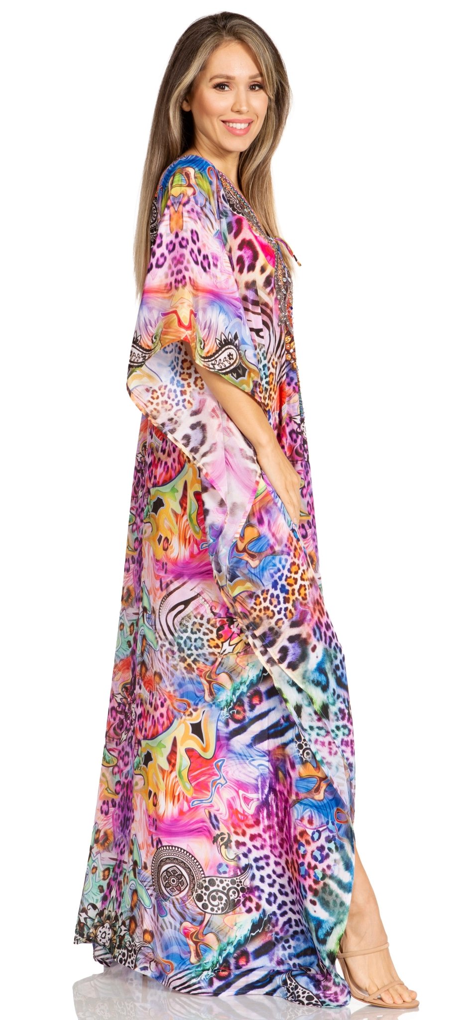 Sakkas Yeni Women's Short Sleeve V-neck Summer Floral Long Caftan Dress Cover-up dresses La Vie Bien Sakkas Yeni Women's Short Sleeve V-neck Summer Floral Long Caftan Dress Cover-up