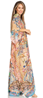 Sakkas Yeni Women's Short Sleeve V-neck Summer Floral Long Caftan Dress Cover-up dresses La Vie Bien Sakkas Yeni Women's Short Sleeve V-neck Summer Floral Long Caftan Dress Cover-up