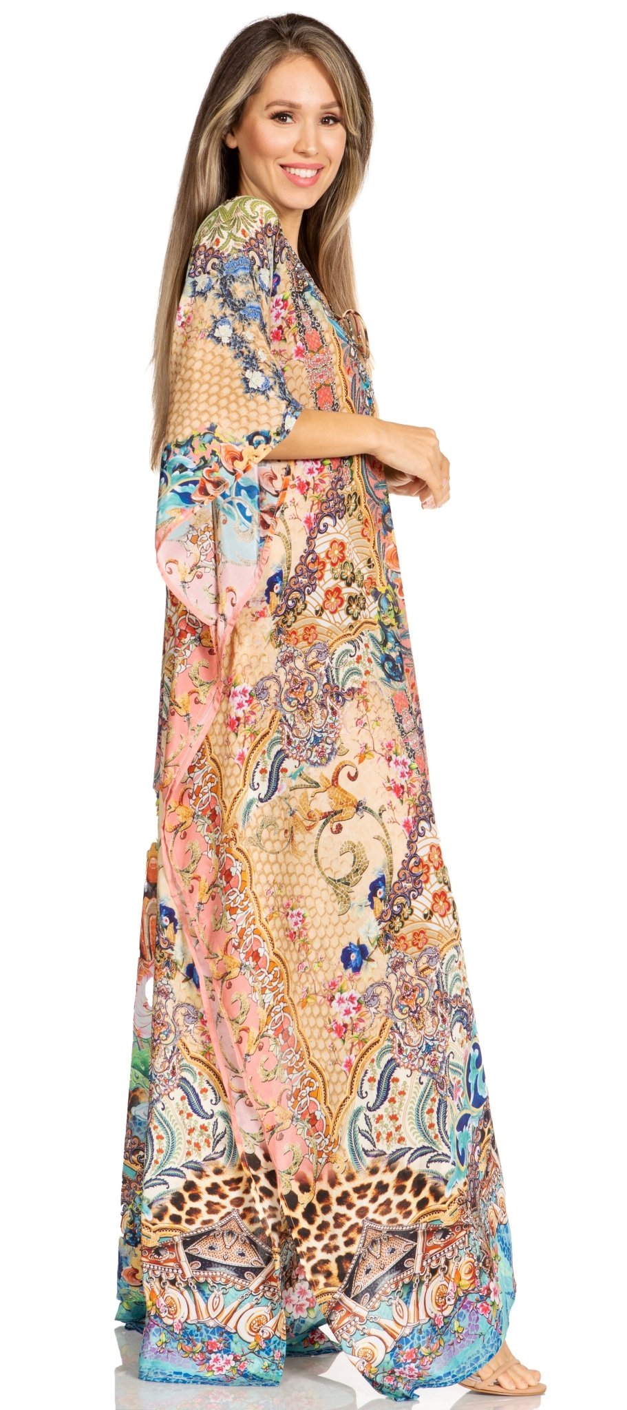 Sakkas Yeni Women's Short Sleeve V-neck Summer Floral Long Caftan Dress Cover-up dresses La Vie Bien Sakkas Yeni Women's Short Sleeve V-neck Summer Floral Long Caftan Dress Cover-up