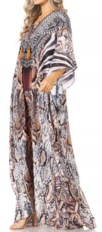 Sakkas Yeni Women's Short Sleeve V-neck Summer Floral Long Caftan Dress Cover-up dresses La Vie Bien Sakkas Yeni Women's Short Sleeve V-neck Summer Floral Long Caftan Dress Cover-up