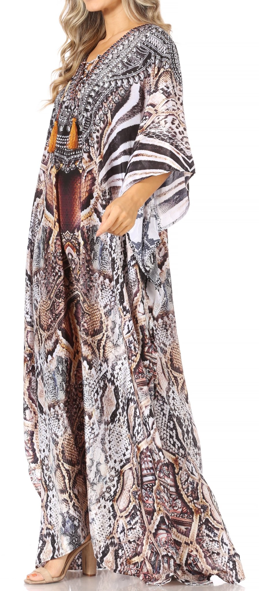 Sakkas Yeni Women's Short Sleeve V-neck Summer Floral Long Caftan Dress Cover-up dresses La Vie Bien Sakkas Yeni Women's Short Sleeve V-neck Summer Floral Long Caftan Dress Cover-up