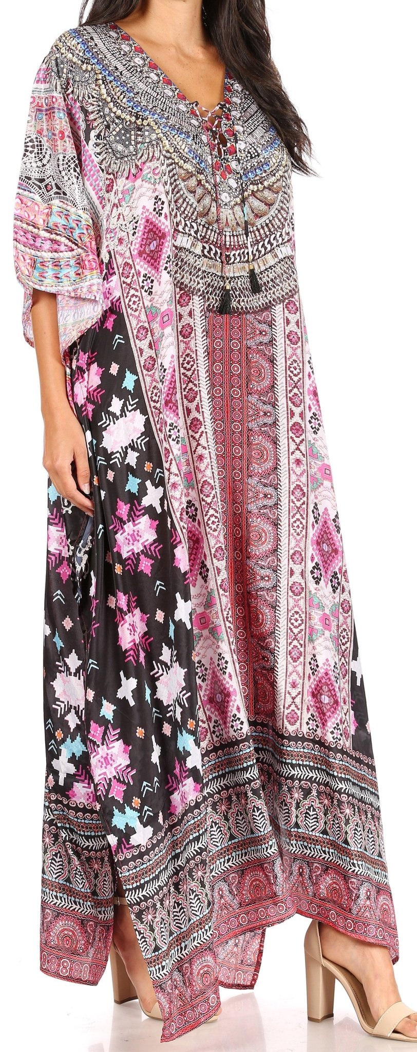 Sakkas Yeni Women's Short Sleeve V-neck Summer Floral Long Caftan Dress Cover-up dresses La Vie Bien Sakkas Yeni Women's Short Sleeve V-neck Summer Floral Long Caftan Dress Cover-up