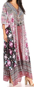Sakkas Yeni Women's Short Sleeve V-neck Summer Floral Long Caftan Dress Cover-up dresses La Vie Bien Sakkas Yeni Women's Short Sleeve V-neck Summer Floral Long Caftan Dress Cover-up