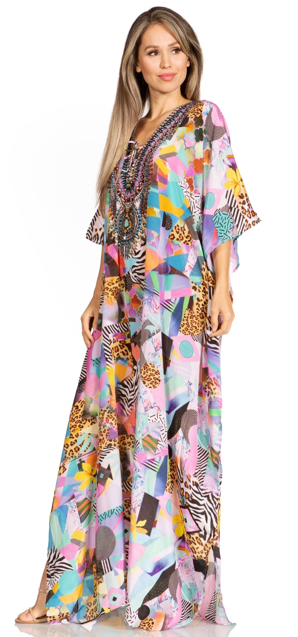 Sakkas Yeni Women's Short Sleeve V-neck Summer Floral Long Caftan Dress Cover-up dresses La Vie Bien Sakkas Yeni Women's Short Sleeve V-neck Summer Floral Long Caftan Dress Cover-up