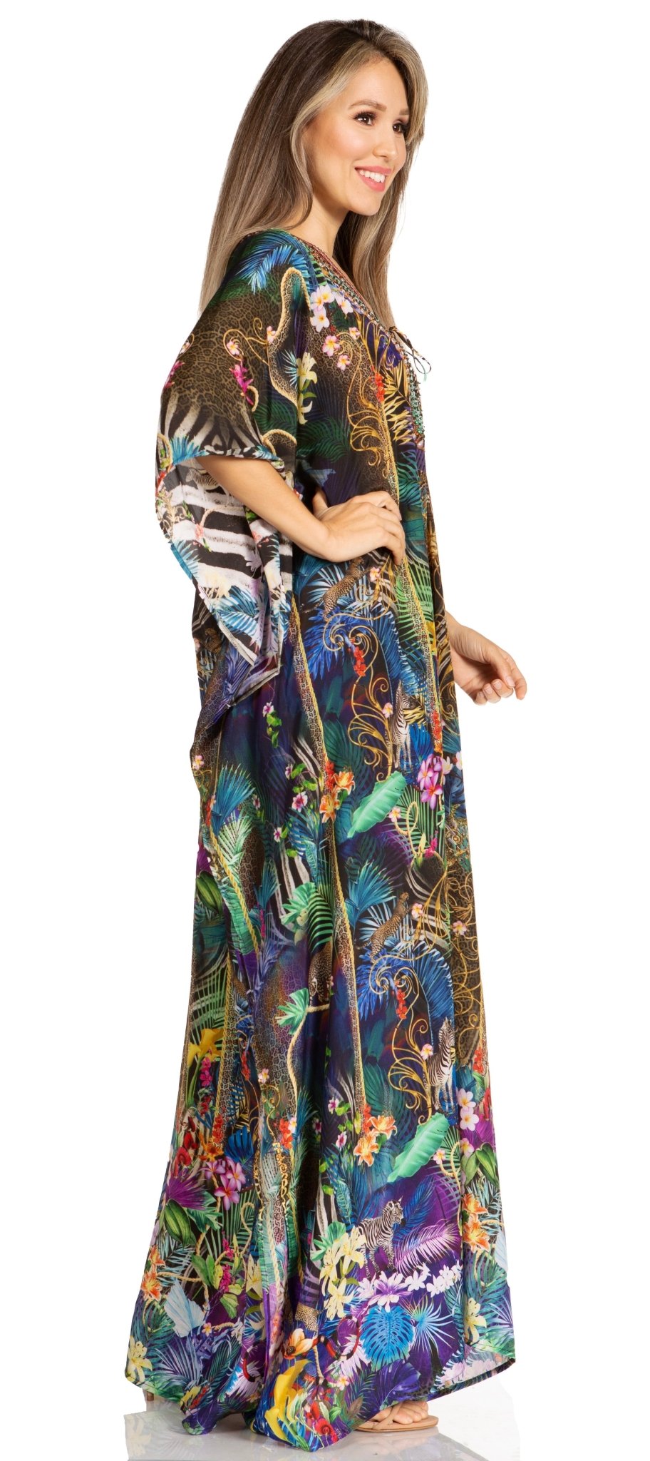 Sakkas Yeni Women's Short Sleeve V-neck Summer Floral Long Caftan Dress Cover-up dresses La Vie Bien Sakkas Yeni Women's Short Sleeve V-neck Summer Floral Long Caftan Dress Cover-up
