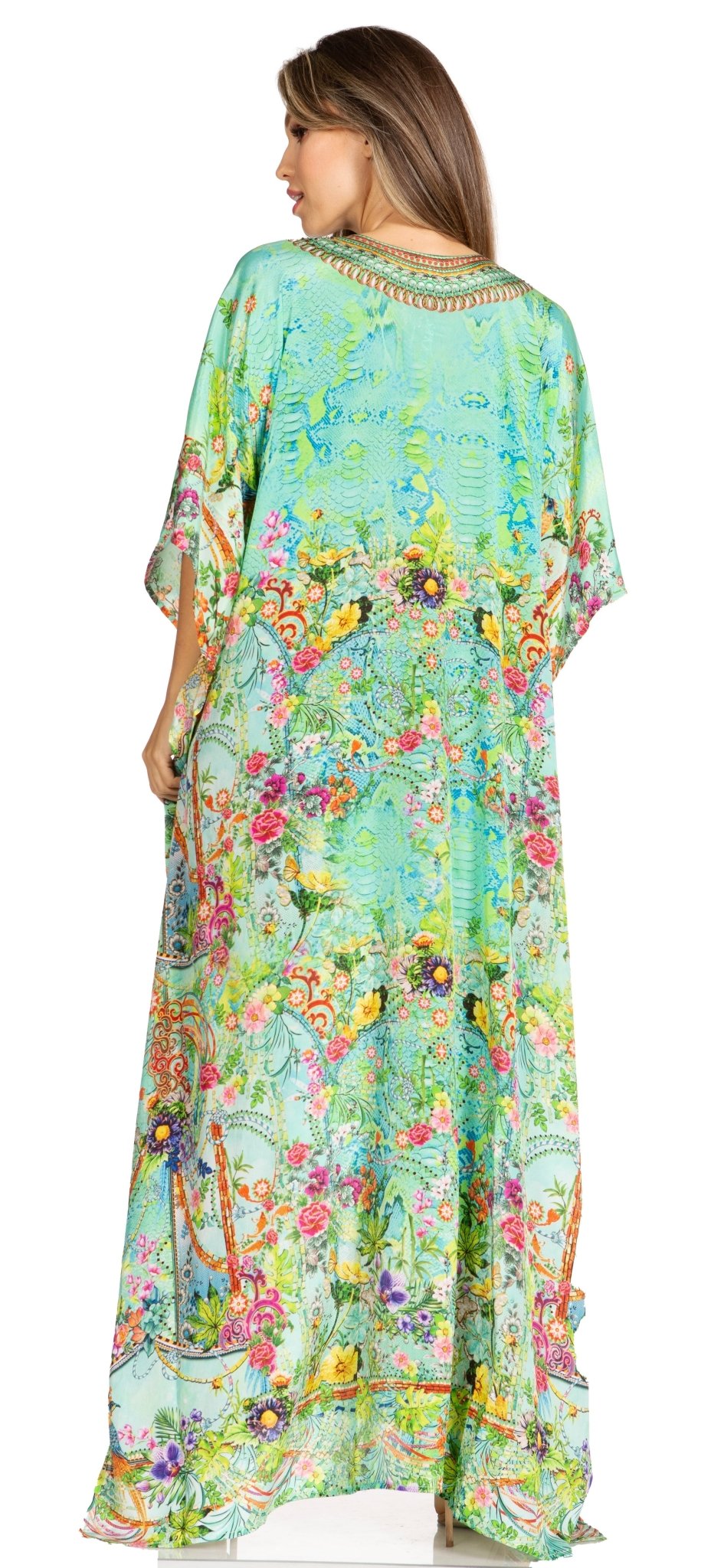 Sakkas Yeni Women's Short Sleeve V-neck Summer Floral Long Caftan Dress Cover-up dresses La Vie Bien Sakkas Yeni Women's Short Sleeve V-neck Summer Floral Long Caftan Dress Cover-up