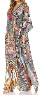 Sakkas Yeni Women's Short Sleeve V-neck Summer Floral Long Caftan Dress Cover-up dresses La Vie Bien Sakkas Yeni Women's Short Sleeve V-neck Summer Floral Long Caftan Dress Cover-up