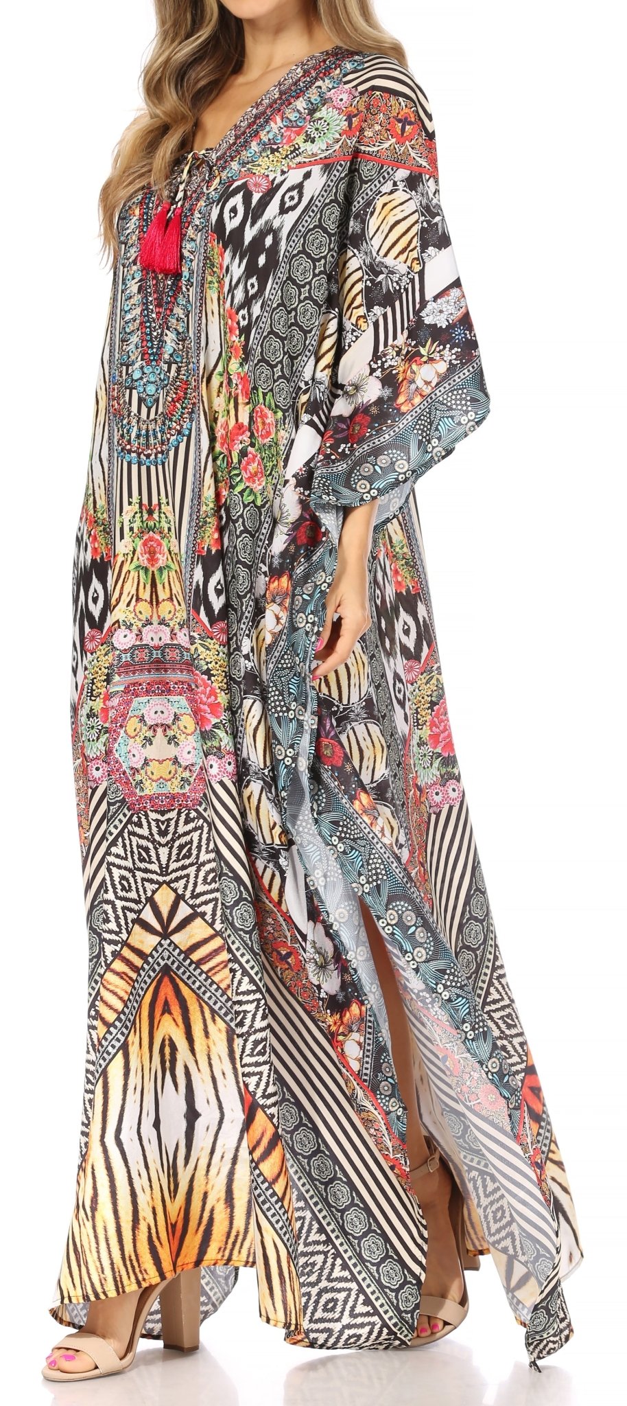 Sakkas Yeni Women's Short Sleeve V-neck Summer Floral Long Caftan Dress Cover-up dresses La Vie Bien Sakkas Yeni Women's Short Sleeve V-neck Summer Floral Long Caftan Dress Cover-up