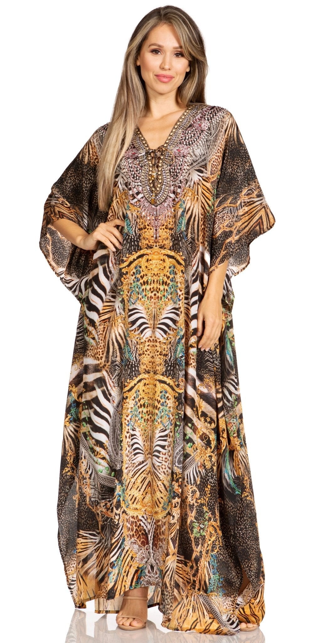 Sakkas Yeni Women's Short Sleeve V-neck Summer Floral Long Caftan Dress Cover-up dresses La Vie Bien Sakkas Yeni Women's Short Sleeve V-neck Summer Floral Long Caftan Dress Cover-up