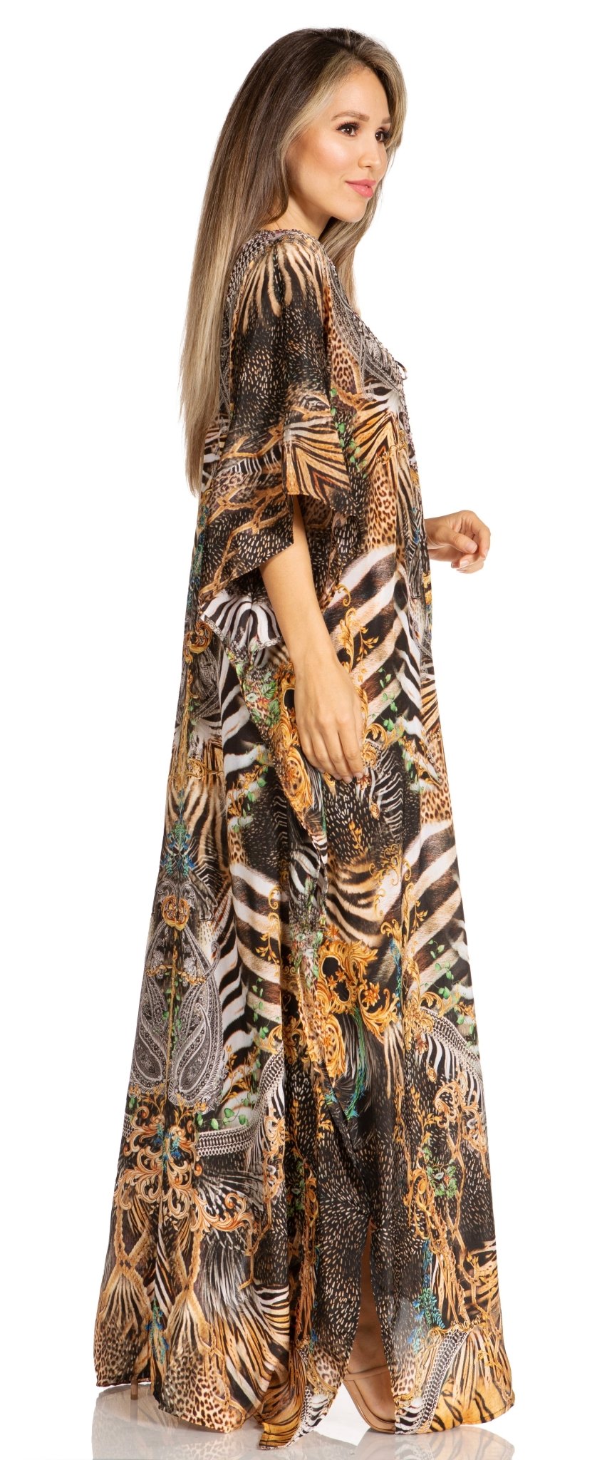Sakkas Yeni Women's Short Sleeve V-neck Summer Floral Long Caftan Dress Cover-up dresses La Vie Bien Sakkas Yeni Women's Short Sleeve V-neck Summer Floral Long Caftan Dress Cover-up