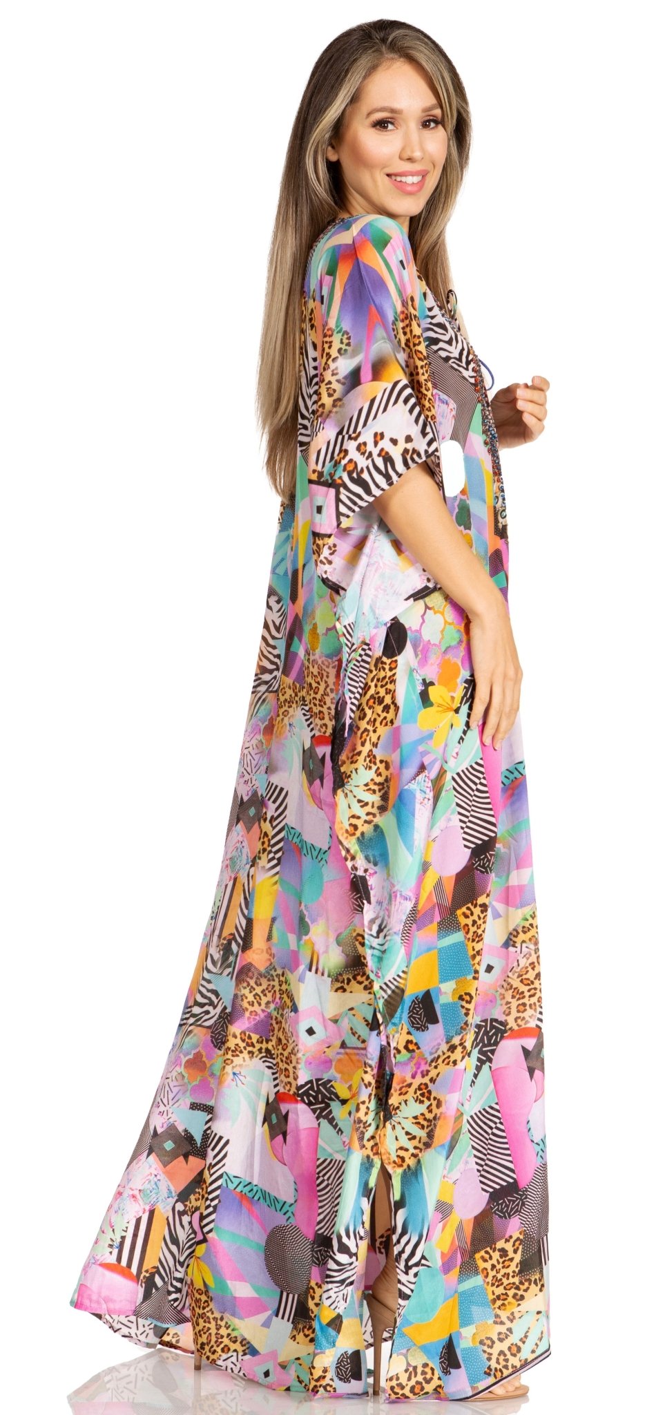 Sakkas Yeni Women's Short Sleeve V-neck Summer Floral Long Caftan Dress Cover-up dresses La Vie Bien Sakkas Yeni Women's Short Sleeve V-neck Summer Floral Long Caftan Dress Cover-up