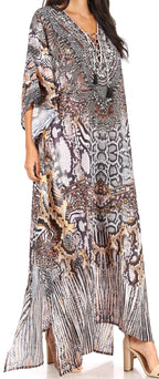 Sakkas Yeni Women's Short Sleeve V-neck Summer Floral Long Caftan Dress Cover-up dresses La Vie Bien Sakkas Yeni Women's Short Sleeve V-neck Summer Floral Long Caftan Dress Cover-up