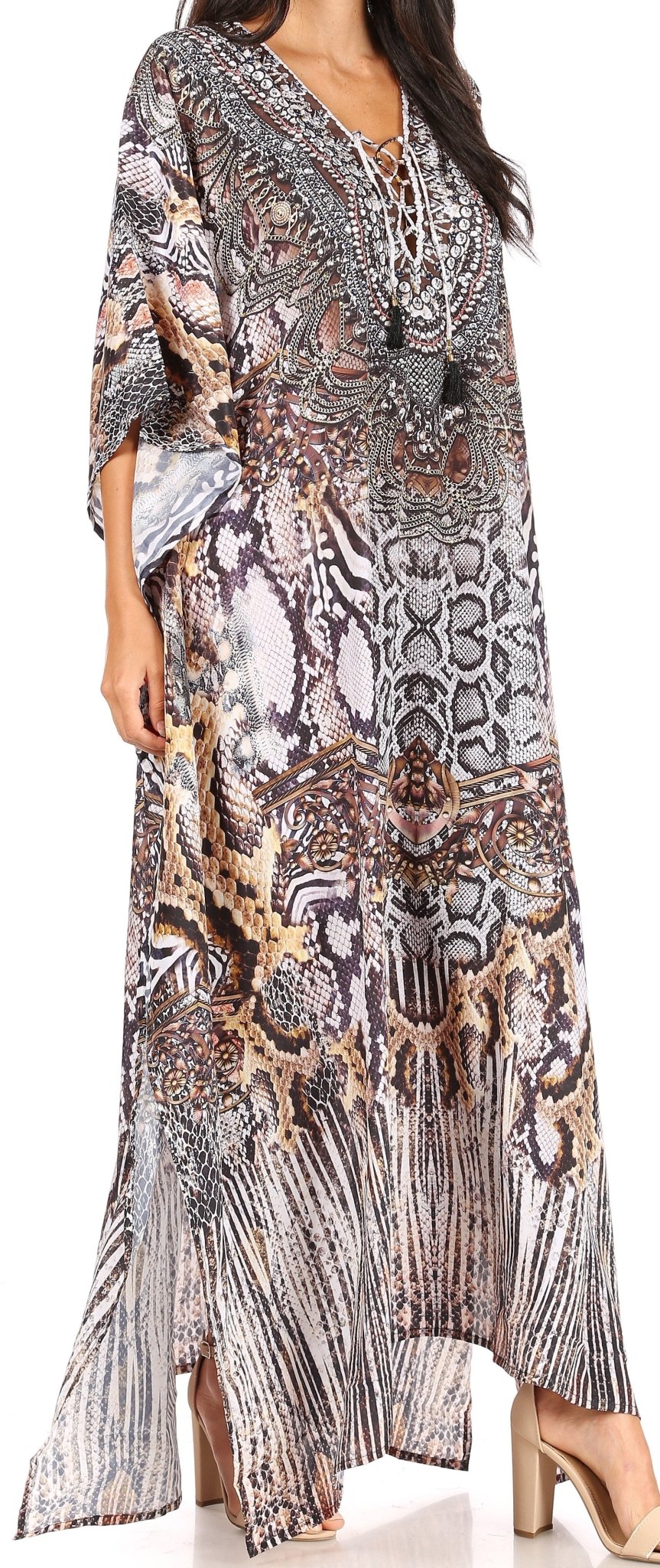 Sakkas Yeni Women's Short Sleeve V-neck Summer Floral Long Caftan Dress Cover-up dresses La Vie Bien Sakkas Yeni Women's Short Sleeve V-neck Summer Floral Long Caftan Dress Cover-up