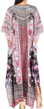 Sakkas Yeni Women's Short Sleeve V-neck Summer Floral Long Caftan Dress Cover-up dresses La Vie Bien Sakkas Yeni Women's Short Sleeve V-neck Summer Floral Long Caftan Dress Cover-up