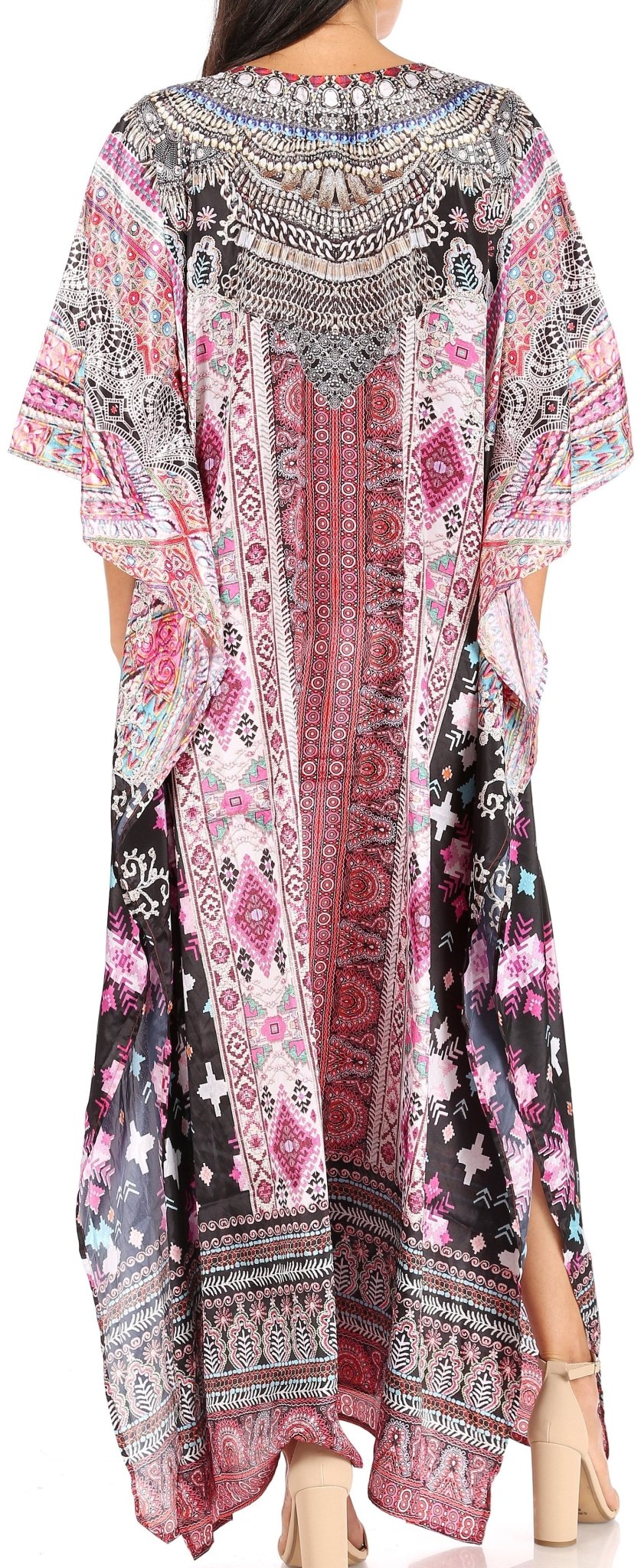 Sakkas Yeni Women's Short Sleeve V-neck Summer Floral Long Caftan Dress Cover-up dresses La Vie Bien Sakkas Yeni Women's Short Sleeve V-neck Summer Floral Long Caftan Dress Cover-up
