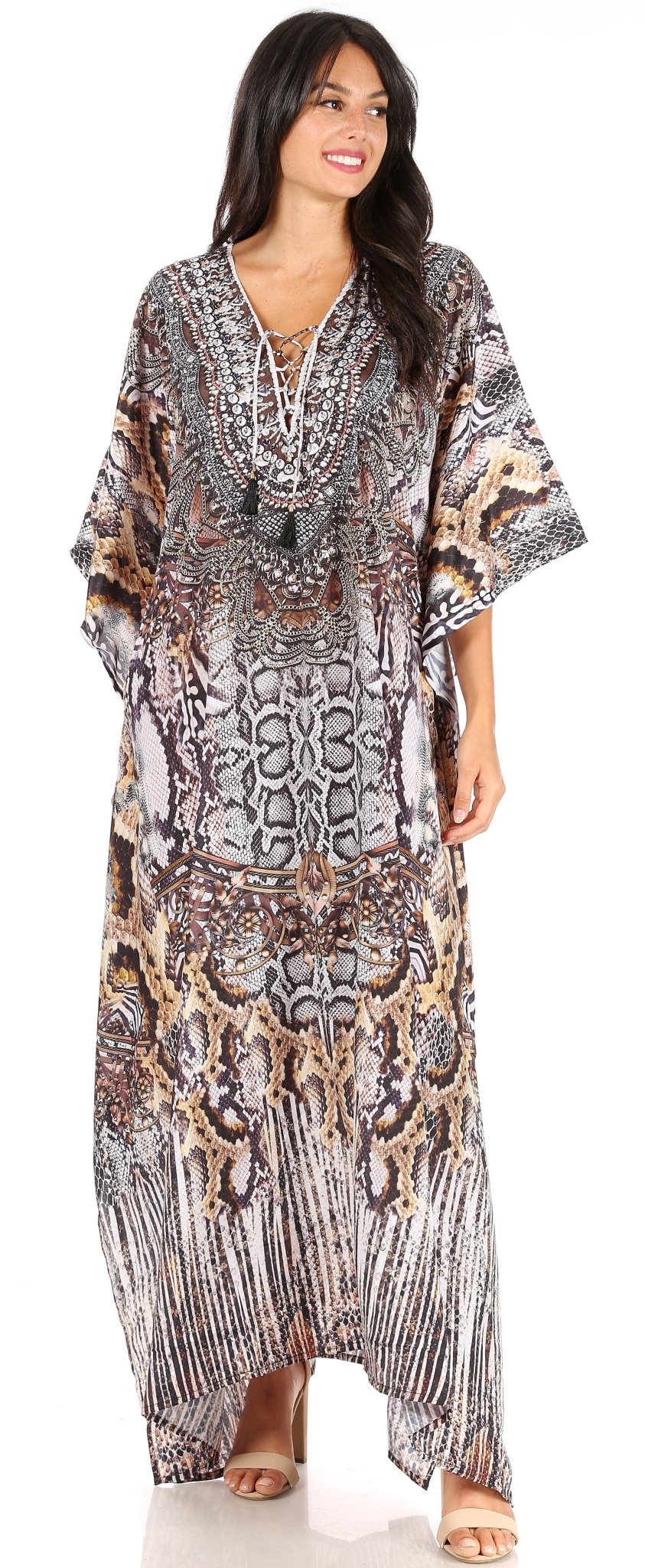 Sakkas Yeni Women's Short Sleeve V-neck Summer Floral Long Caftan Dress Cover-up dresses La Vie Bien Sakkas Yeni Women's Short Sleeve V-neck Summer Floral Long Caftan Dress Cover-up
