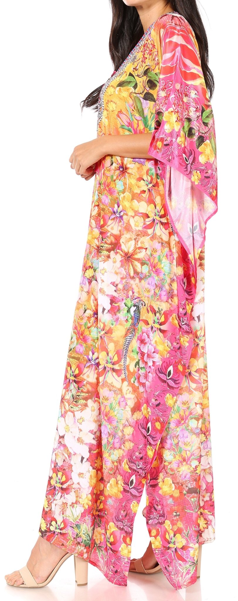 Sakkas Yeni Women's Short Sleeve V-neck Summer Floral Long Caftan Dress Cover-up dresses La Vie Bien Sakkas Yeni Women's Short Sleeve V-neck Summer Floral Long Caftan Dress Cover-up