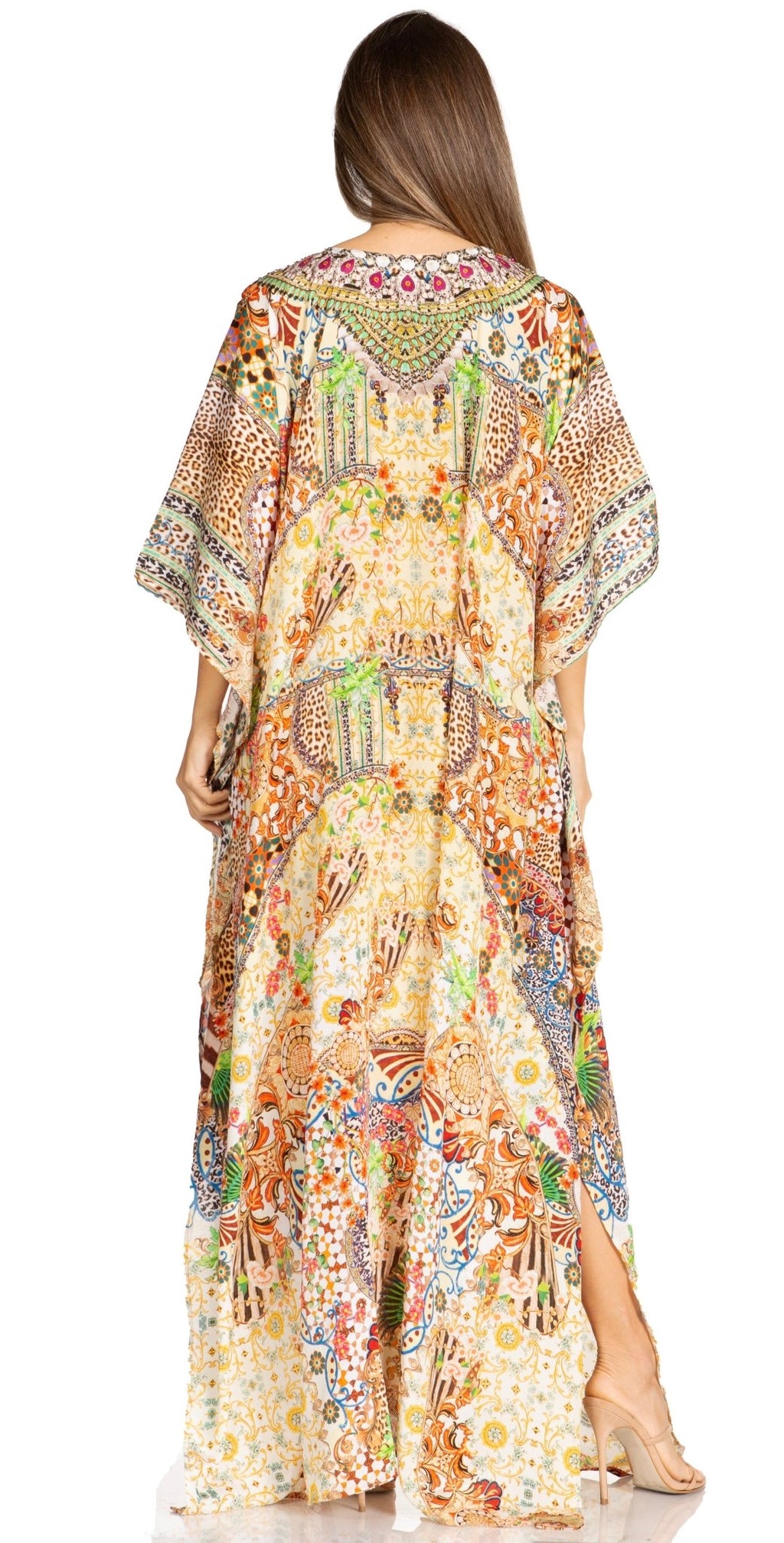 Sakkas Yeni Women's Short Sleeve V-neck Summer Floral Long Caftan Dress Cover-up dresses La Vie Bien Sakkas Yeni Women's Short Sleeve V-neck Summer Floral Long Caftan Dress Cover-up